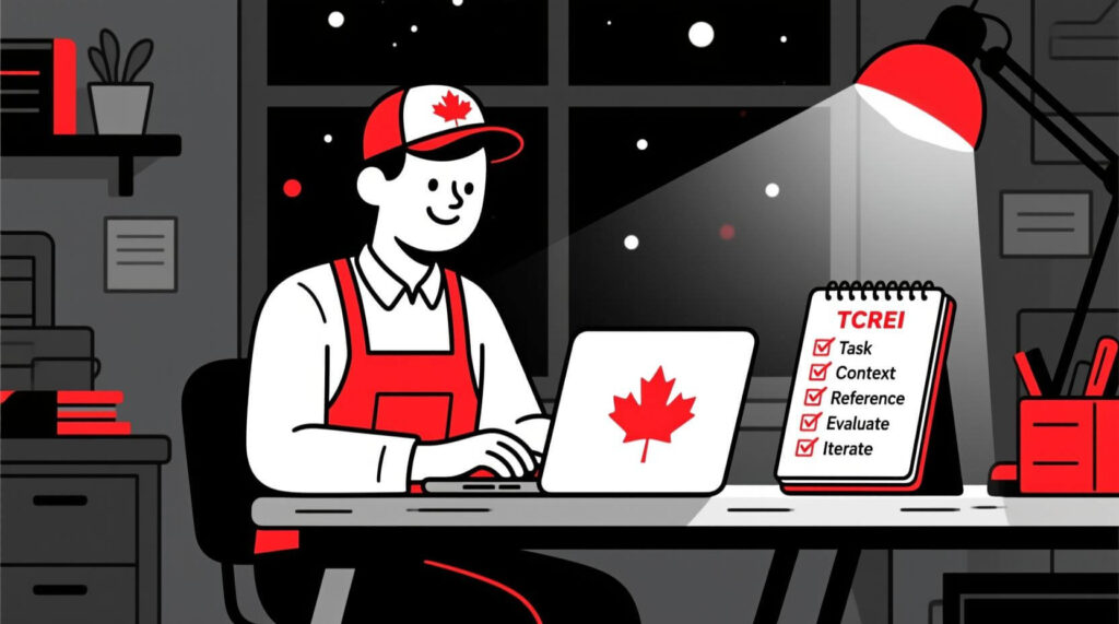 Small business owner using a laptop with a notepad showing a simple 5-step framework for writing effective AI prompts.
