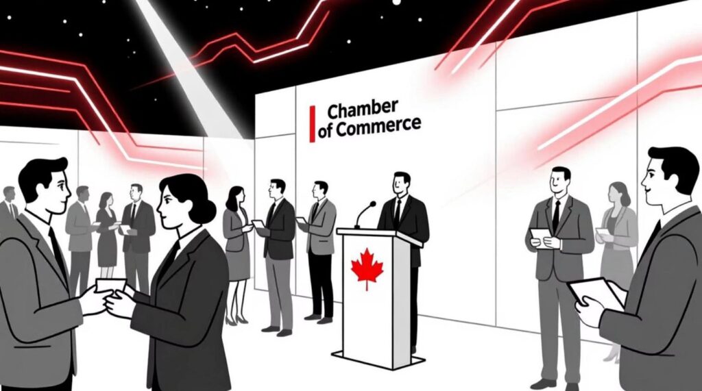 Full Chamber event with podium and maple leaf emblem, engaged audience networking, festive banners, and AI-inspired graphics symbolizing innovation and transformation.