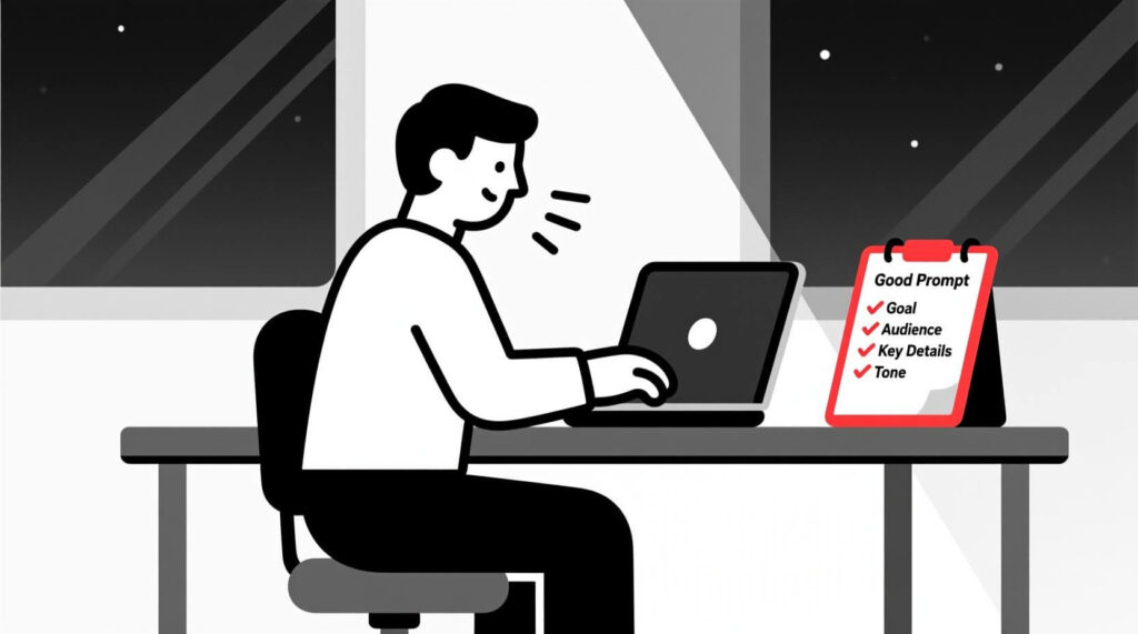 Small business owner writing a clear AI prompt using a checklist with goal, audience, details, and tone