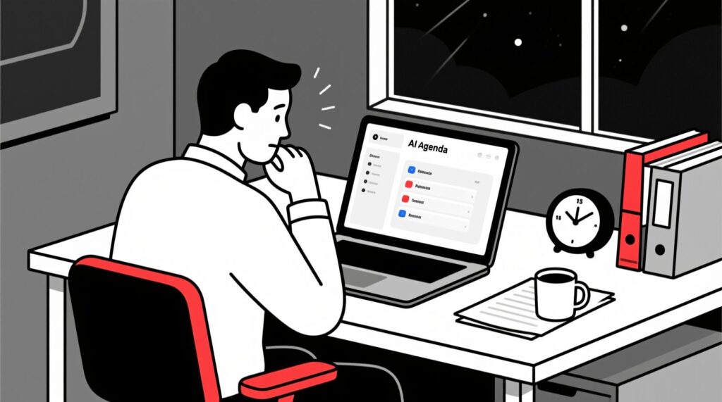 Canadian AI Guy illustration of a nonprofit leader using AI to quickly draft a professional meeting agenda in 15 minutes.