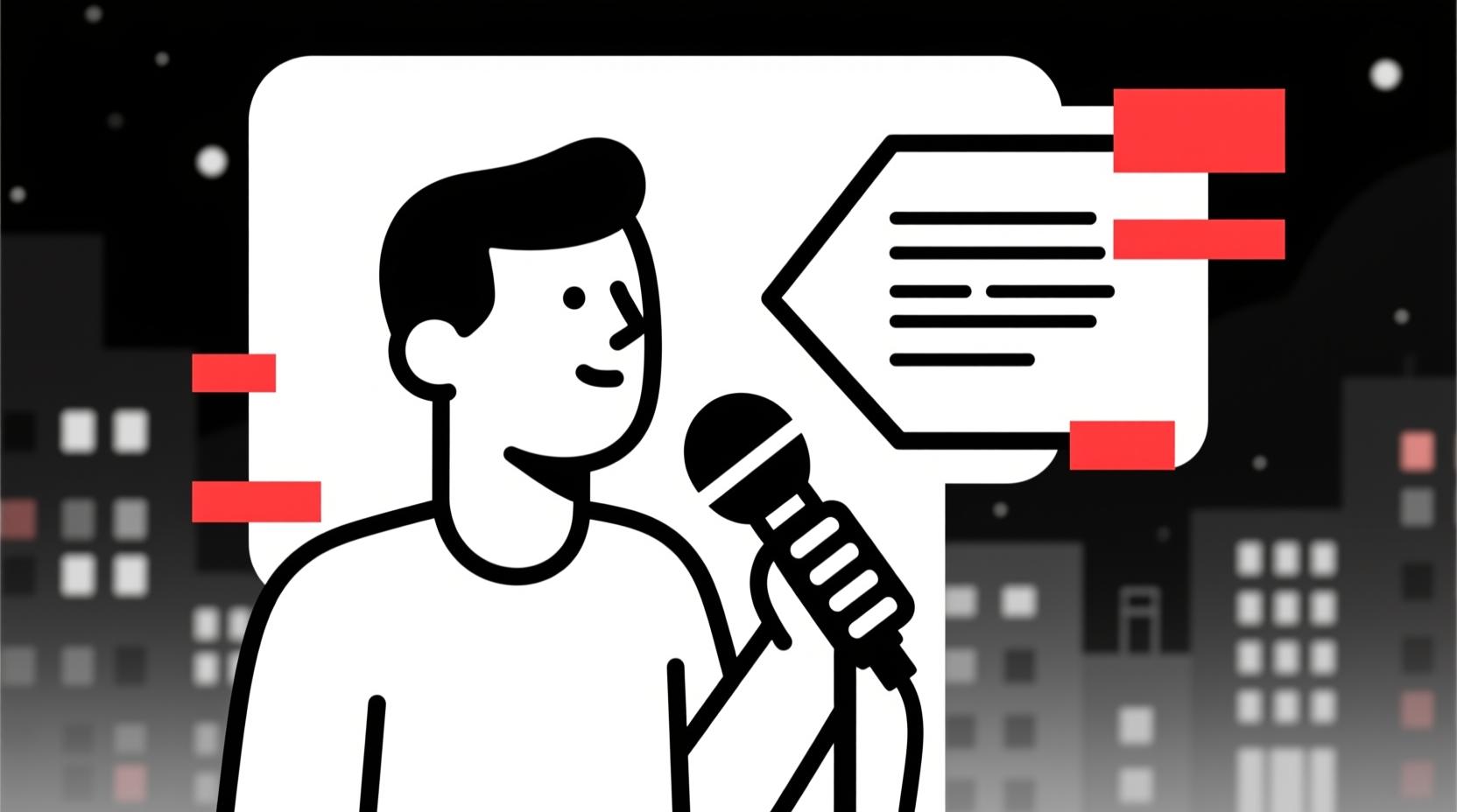 Flat line illustration of a person speaking into a microphone with a speech bubble forming consistent text, symbolizing brand voice consistency in AI-powered member spotlights.