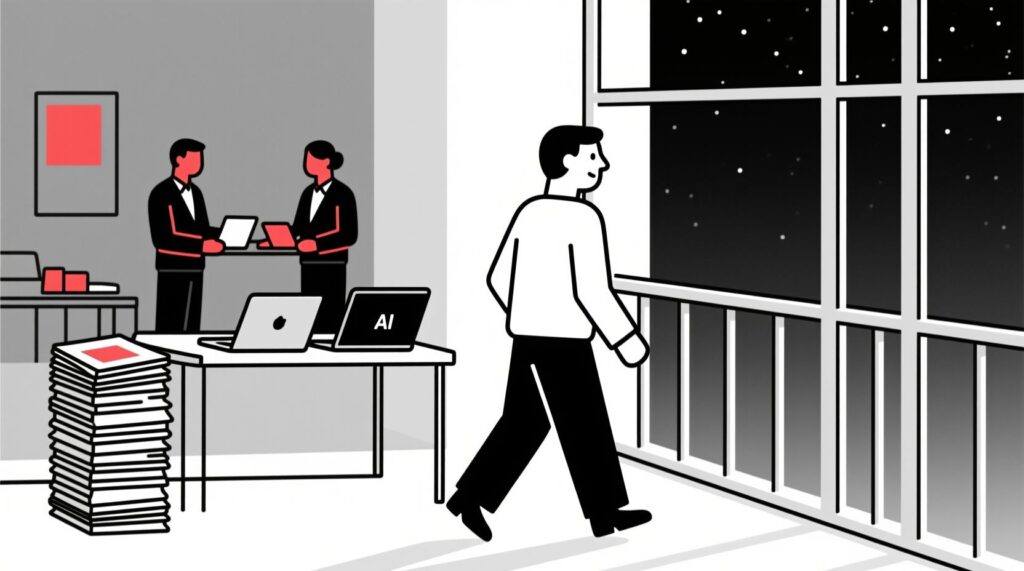 Canadian AI Guy illustration of a nonprofit leader stepping away from admin tasks to focus on visionary strategic thinking.