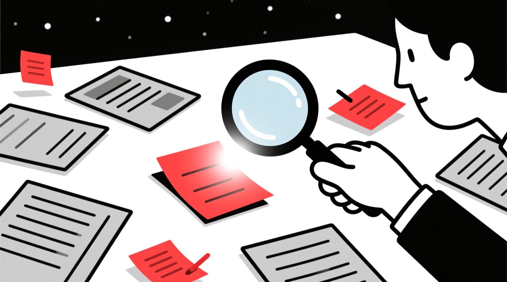 Flat line illustration of a person using a magnifying glass to highlight the best story angle from notes and documents for a member spotlight.