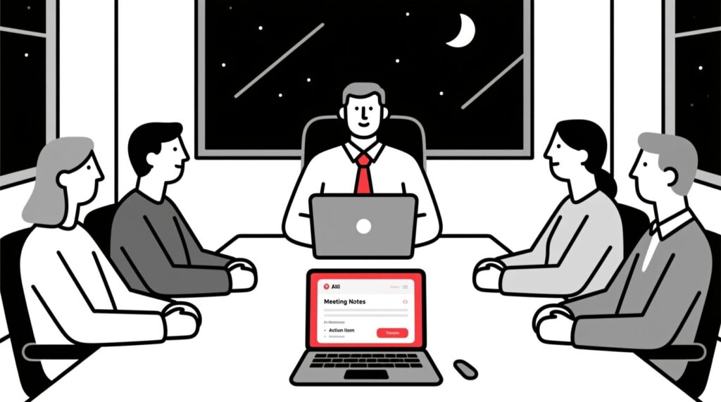 Canadian AI Guy illustration of an AI assistant creating meeting notes and action items during a team discussion.
