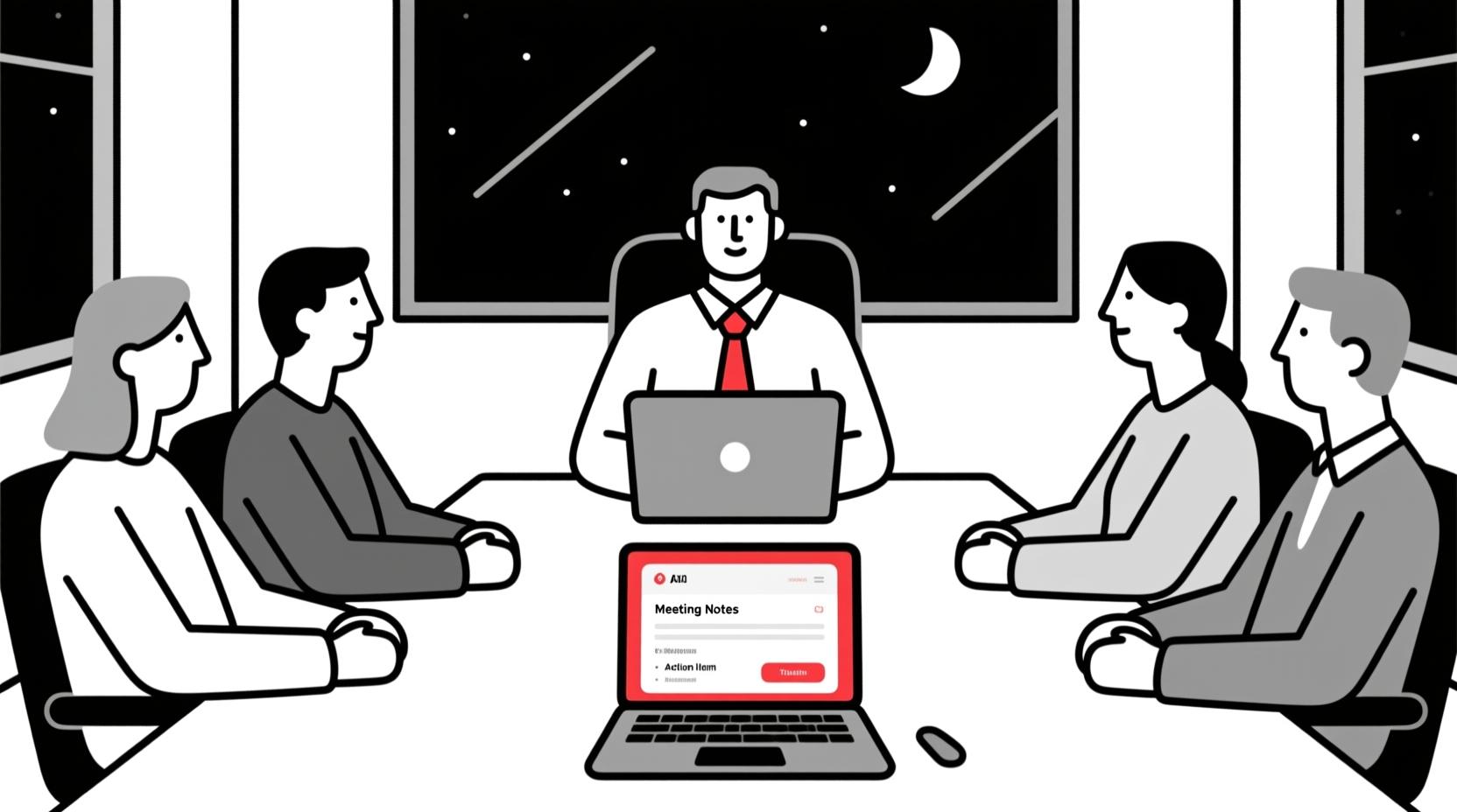 Canadian AI Guy illustration of an AI assistant creating meeting notes and action items during a team discussion.