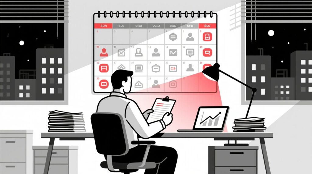  illustration of a chamber executive reviewing a large wall calendar with event icons, symbolizing a complete AI-powered member engagement system.