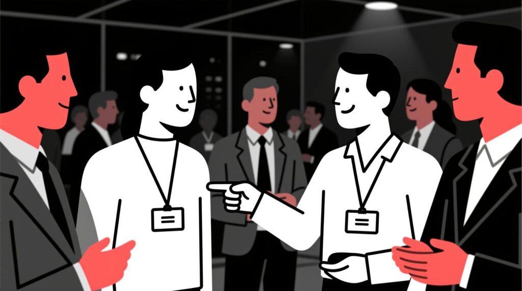  illustration of networking attendees wearing badges that spark conversations, showing how AI can personalize icebreakers.