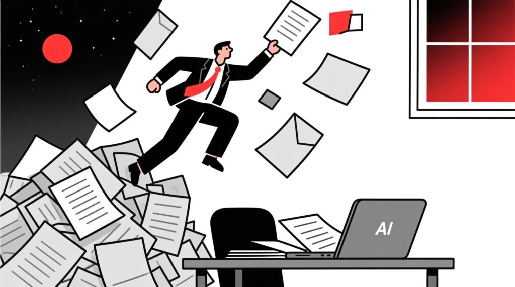 Canadian AI Guy illustration of a nonprofit leader rising above paperwork to focus on strategic planning with AI support.