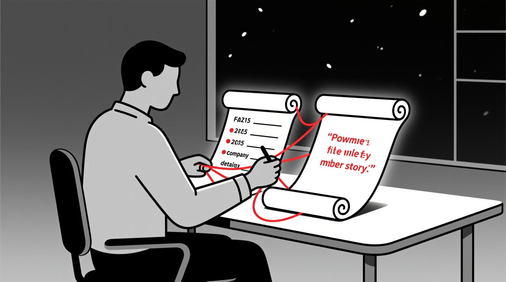 Flat line illustration of writer weaving together facts and feelings into a member spotlight story.