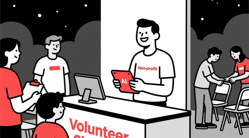 Canadian AI Guy illustration of a non-profit leader using AI tools to organize and support volunteers.