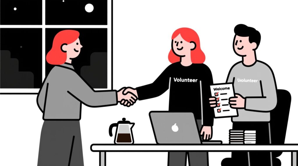 Canadian AI Guy illustration of a volunteer coordinator onboarding new volunteers with welcome packets and a structured checklist.