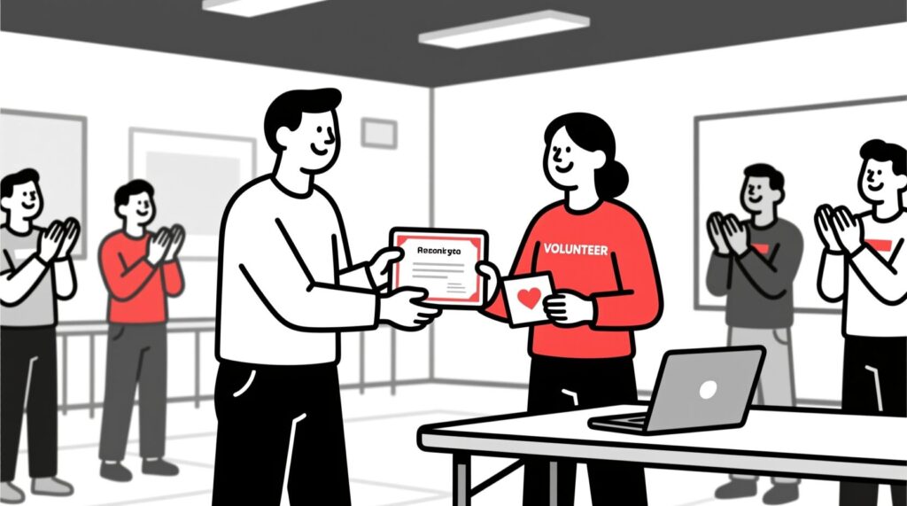 Canadian AI Guy illustration of a volunteer coordinator recognizing volunteers with certificates and personalized thank-you notes.