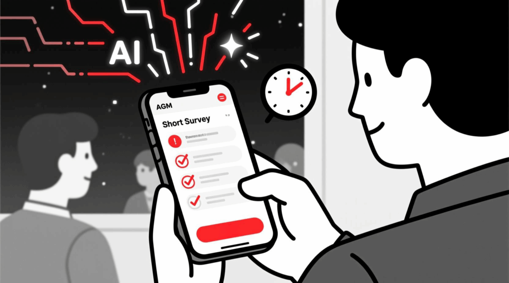 Canadian AI Guy illustration of a member filling out a quick AI-powered post-AGM feedback survey
