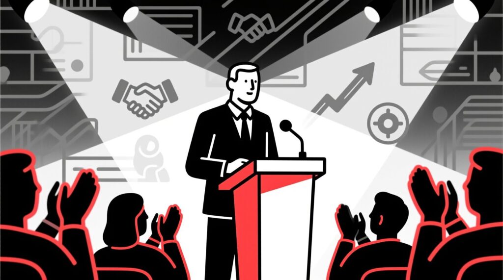 Canadian AI Guy illustration of a board chair delivering a powerful AI-supported AGM speech that inspires leadership and trust