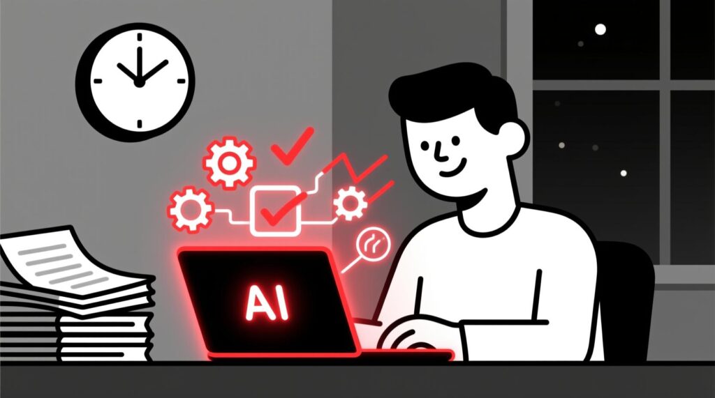 Canadian AI Guy illustration of AI automating paperwork so a business owner can clock out on time