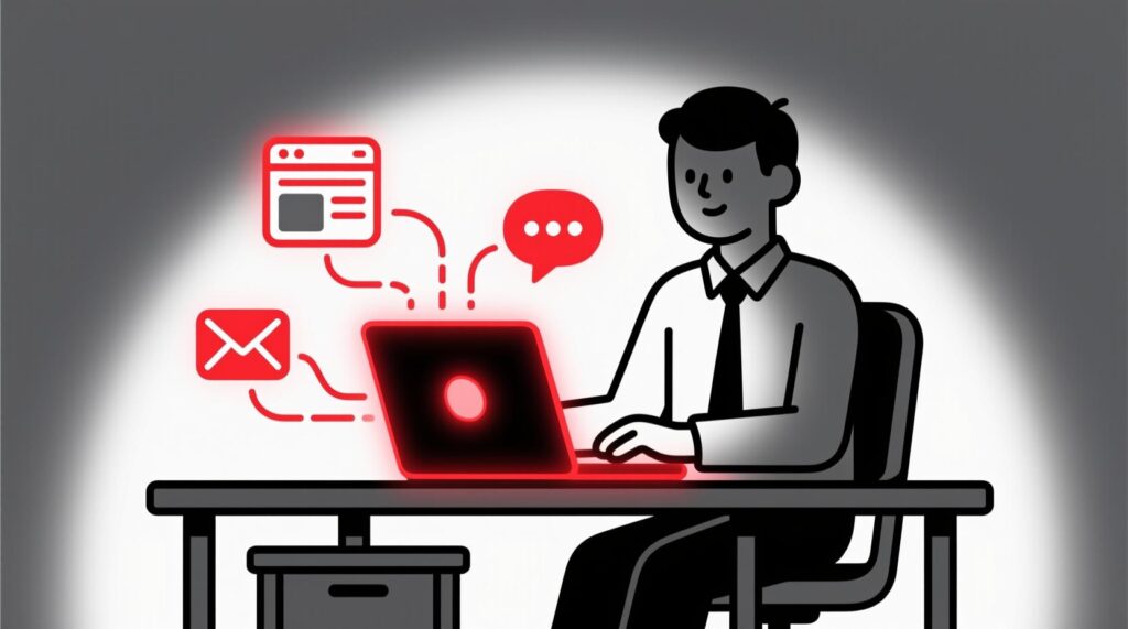 Canadian AI Guy illustration of AI generating website, email, and social media content quickly for a business owner