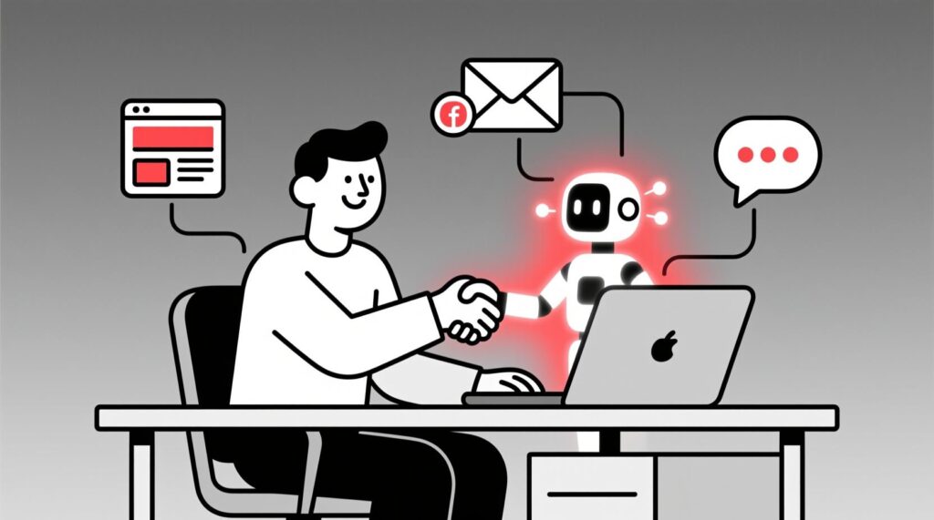 Canadian AI Guy illustration of a business owner welcoming AI as their new copywriter for web, email, and social media content