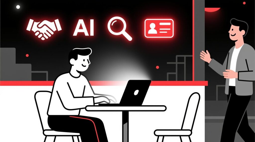 Canadian AI Guy illustration of an introverted business owner using AI to prepare for networking and build genuine client relationships