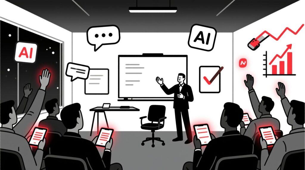 Canadian AI Guy illustration of an AI-powered AGM where board members engage interactively with their audience