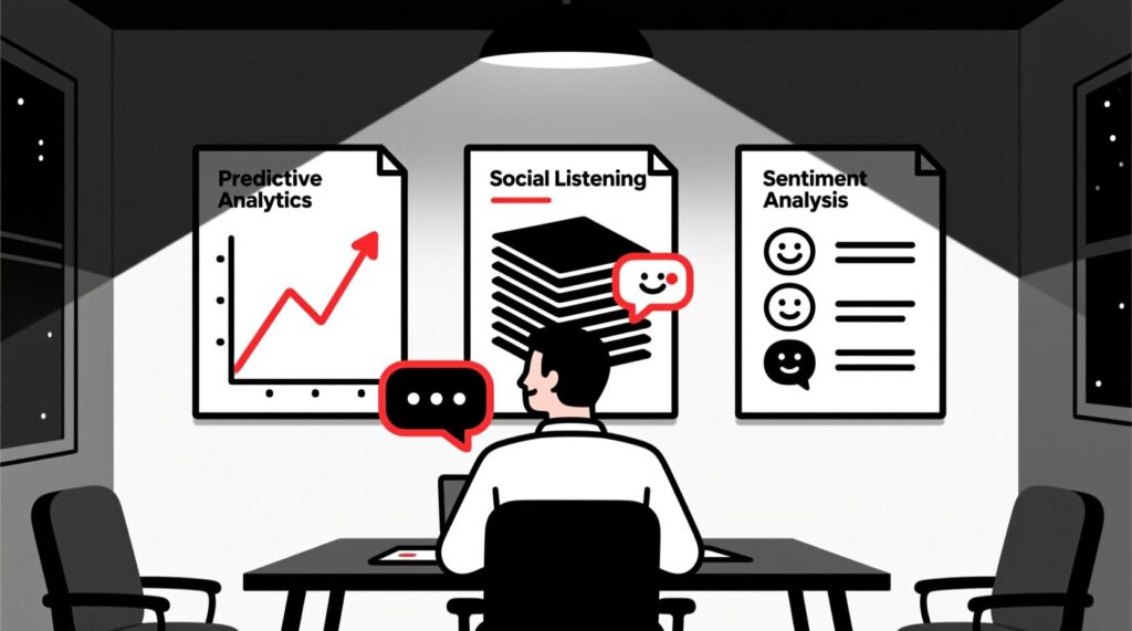 Canadian AI Guy illustration of a tourism marketer using predictive analytics, social listening, and sentiment analysis to forecast trends
