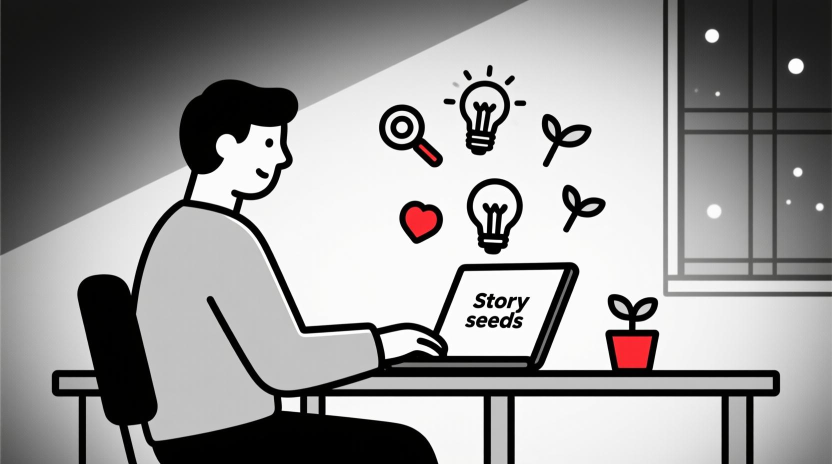 Illustration of using AI as a research assistant to uncover story seeds for Canadian AI Guy’s Beyond the Bio blog.