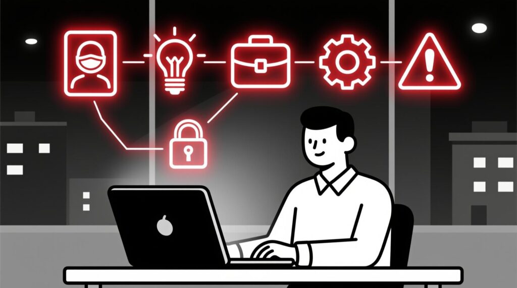 Canadian AI Guy illustration of a business owner reviewing an AI safety checklist with icons for privacy, security, and settings