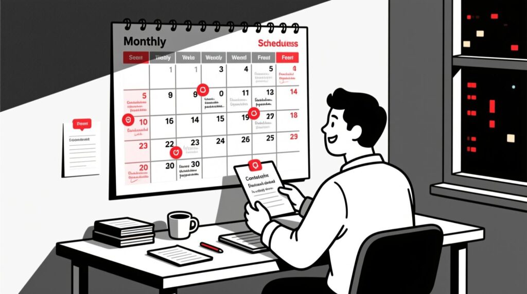 Canadian AI Guy illustration of a business owner reviewing a clear monthly social media calendar created with AI support