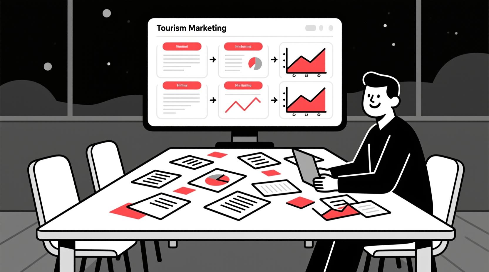 Canadian AI Guy illustration of a tourism marketer turning scattered data into a clear, AI-powered marketing strategy