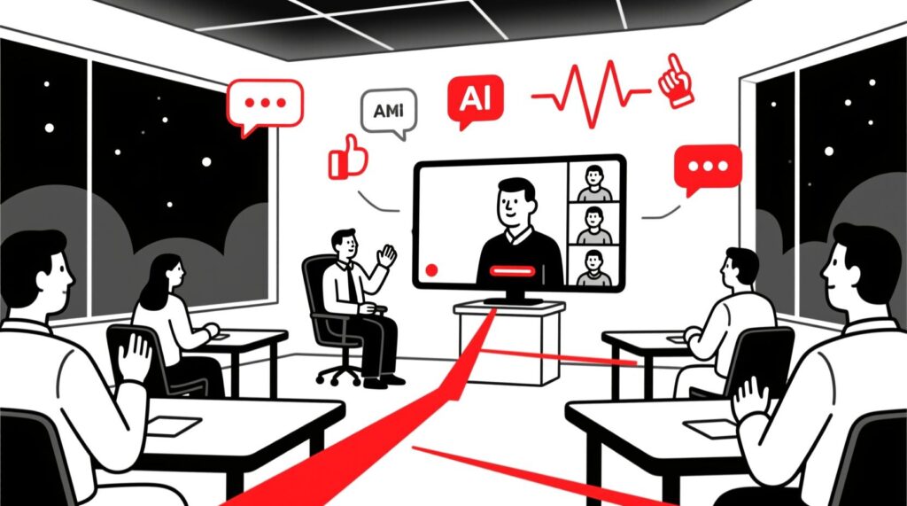 Canadian AI Guy illustration of an AI virtual moderator connecting in-person and online AGM attendees