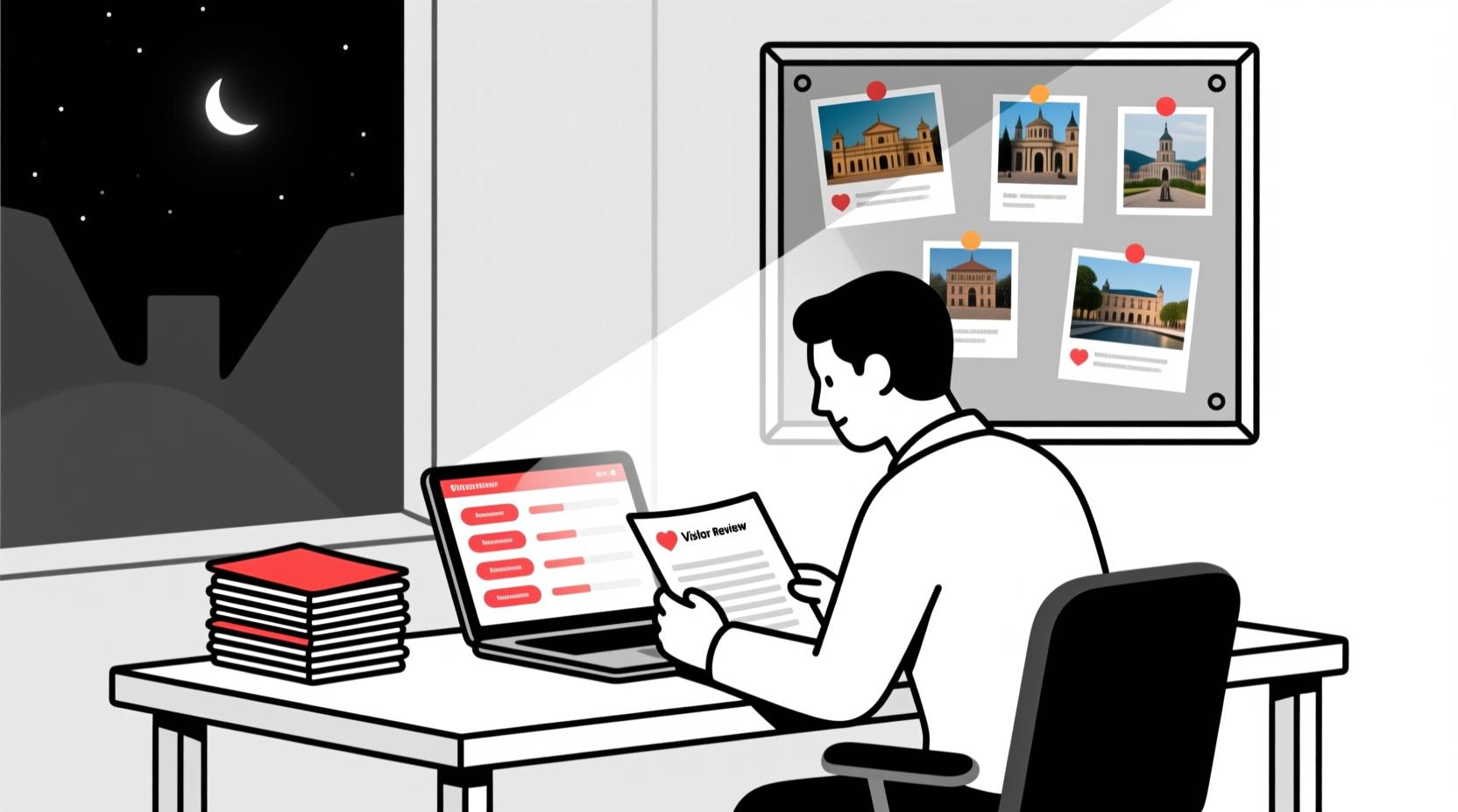 Canadian AI Guy illustration of a tourism marketer using AI to analyze visitor reviews and uncover key themes