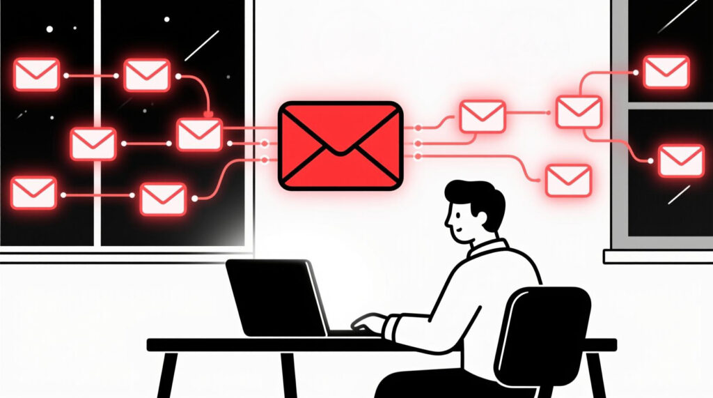 Canadian AI Guy illustration of an automated AI-powered welcome email sequence building relationships 24/7