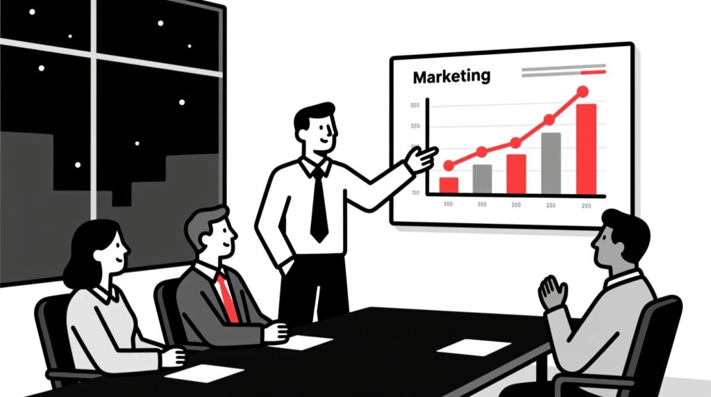 Canadian AI Guy illustration of a marketing leader presenting an AI-powered, data-backed budget proposal to a board
