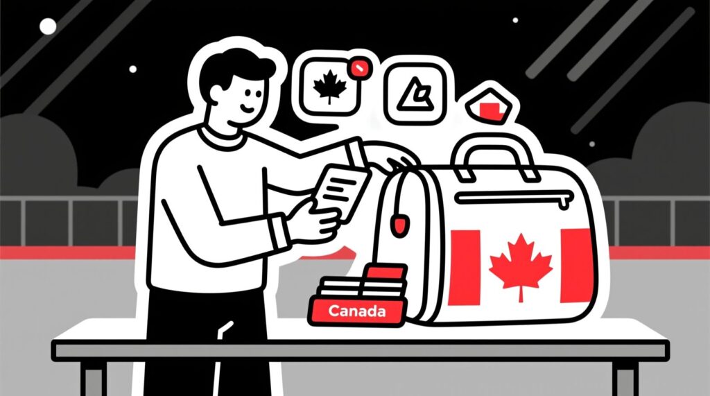 Canadian AI Guy illustration of a marketer packing survey results, website analytics, reviews, and notes into a symbolic hockey bag to organize scattered data