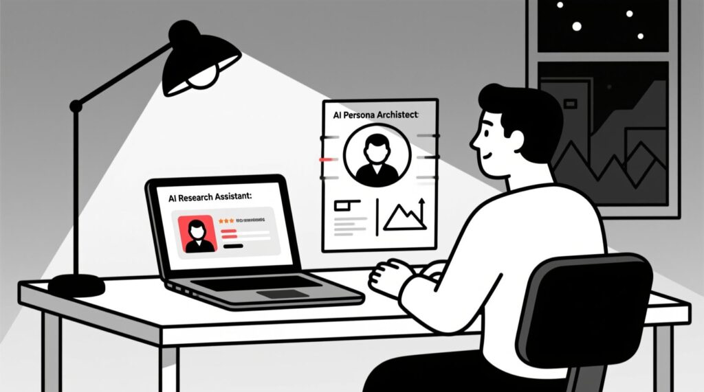 Canadian AI Guy illustration of a tourism marketer using free AI tools to research, analyze, and build visitor personas