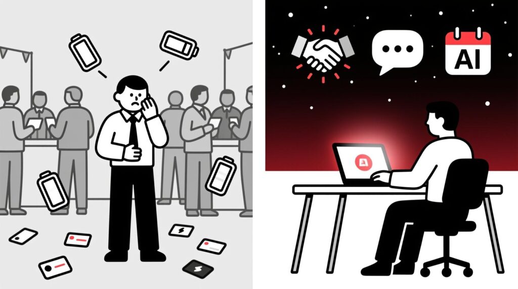 Canadian AI Guy illustration of an introverted business owner avoiding burnout by using AI for focused, efficient networking