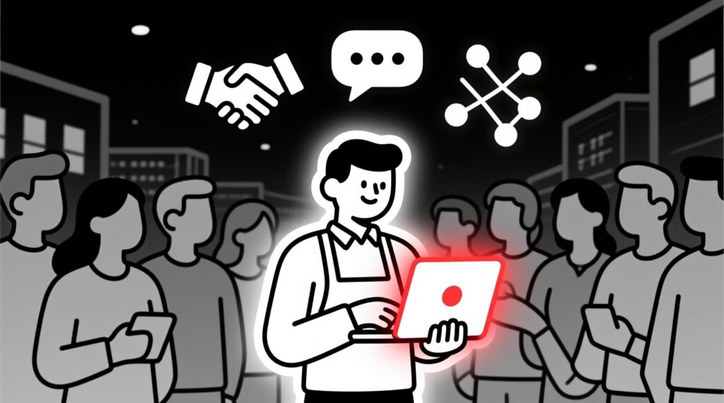 Canadian AI Guy illustration of an introverted business owner using AI to confidently network and connect with new clients