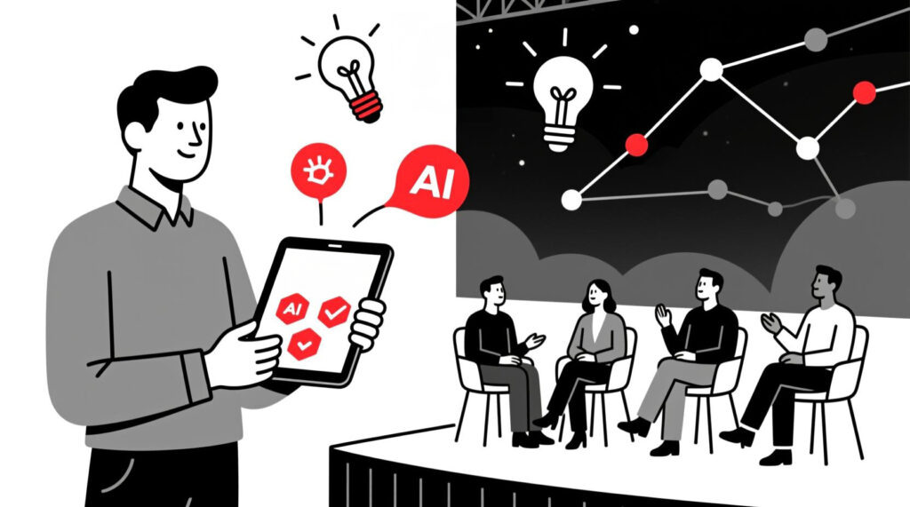 Canadian AI Guy illustration of a panel moderator using an AI-powered briefing book to connect panelists’ expertise
