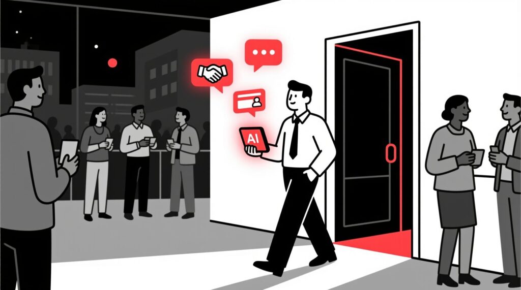 Canadian AI Guy illustration of an introverted business owner confidently networking with AI support on their own terms