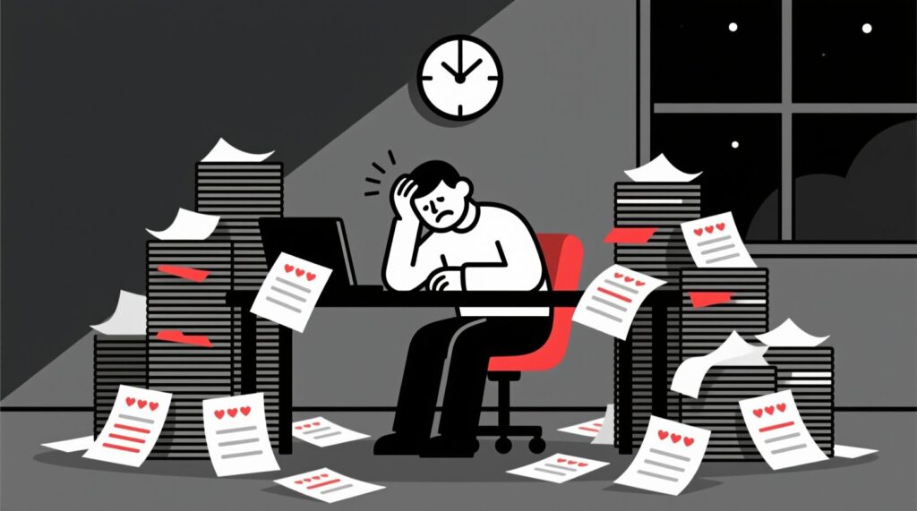 Canadian AI Guy illustration of a marketer overwhelmed by piles of visitor reviews and limited time