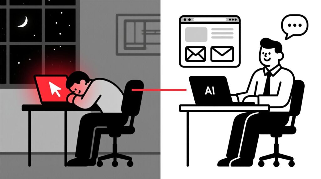 Canadian AI Guy illustration of a business owner moving from late-night copywriting stress to empowered marketing with AI