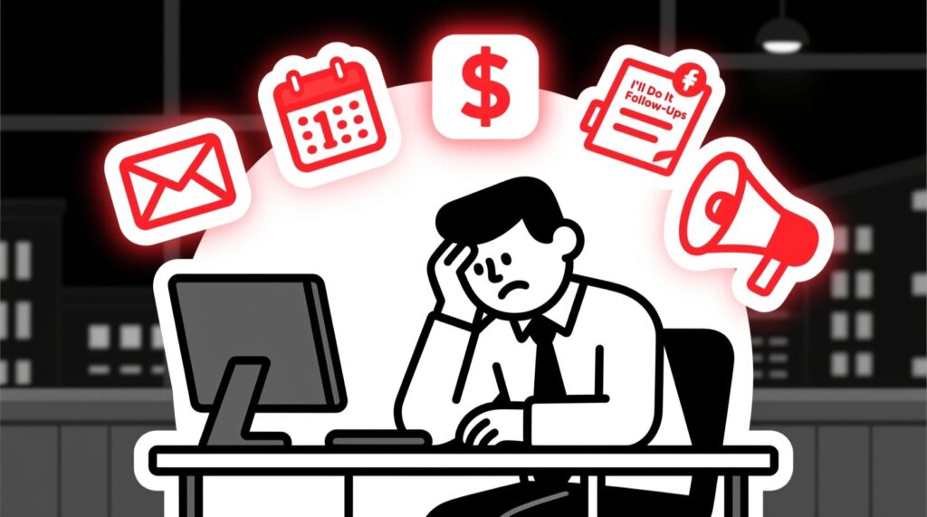 Canadian AI Guy illustration of a business owner overwhelmed by three time-draining piles: email, finances, and marketing