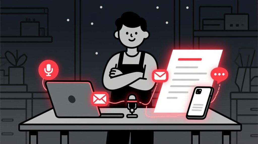 Canadian AI Guy illustration of AI automating transcripts, emails, and notes into a polished business quote