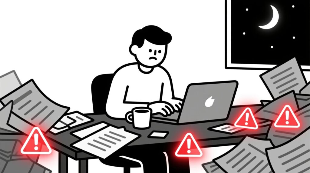 Canadian AI Guy illustration of a small business owner struggling with rushed, error-prone quotes at night