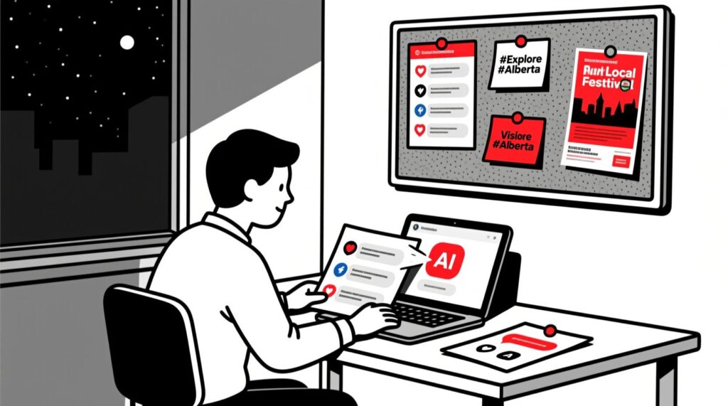 Canadian AI Guy illustration of a marketer collecting and organizing social media comments to analyze with AI