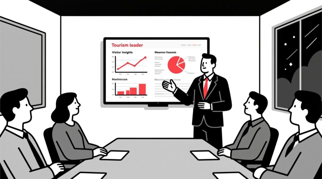 Canadian AI Guy illustration of a tourism leader presenting social media insights instead of vanity metrics to a board