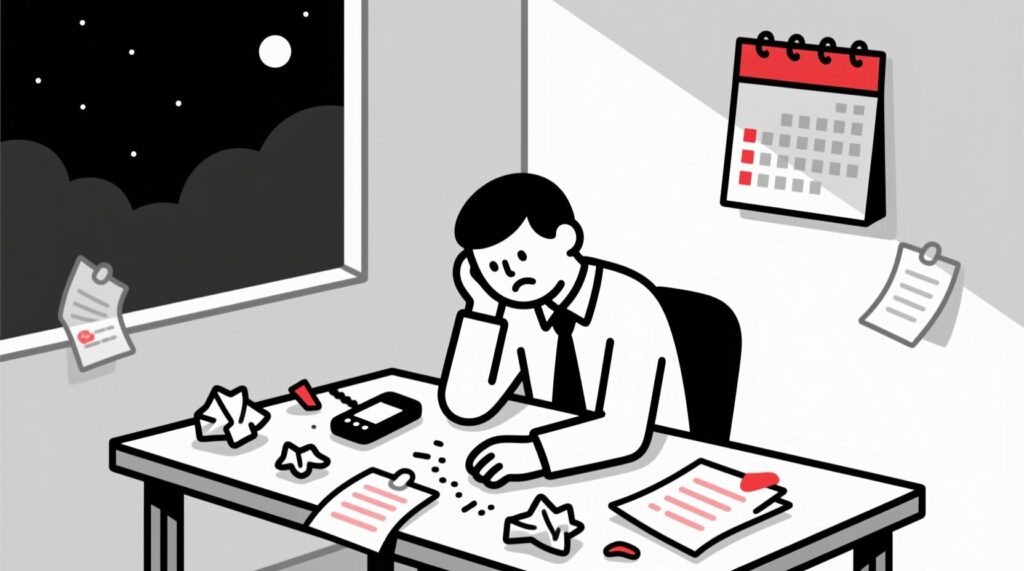 Canadian AI Guy illustration of a business owner frustrated by inconsistent and exhausting social media posting