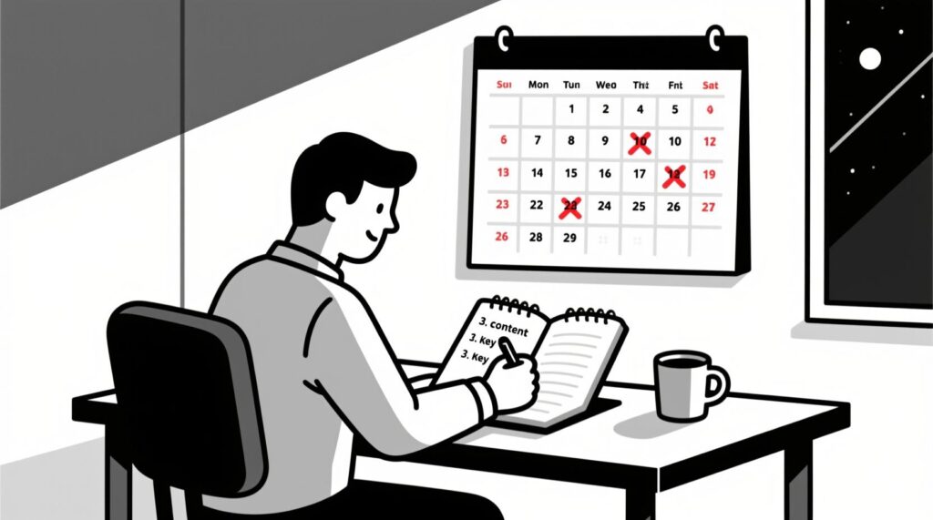 Canadian AI Guy illustration of a business owner setting content themes as the foundation of a social media calendar