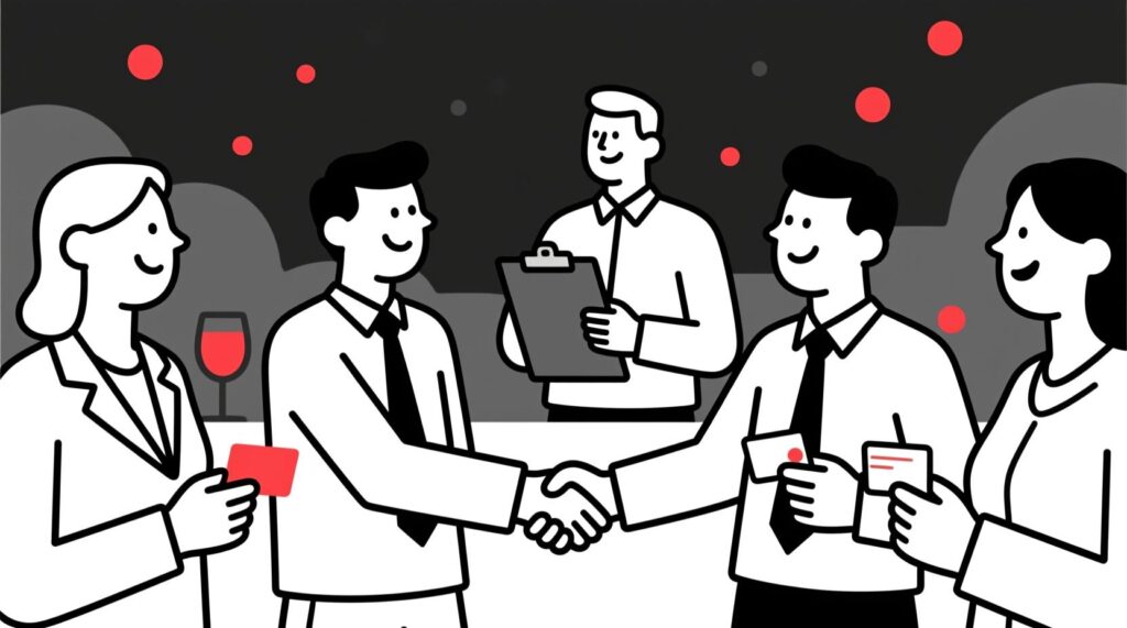 A lively networking event scene with professionals shaking hands, exchanging business cards, and smiling in conversation. In the background, a coordinator stands confidently with a clipboard, symbolizing the structured, AI-powered planning behind the event. The overall tone conveys both human connection and strategic organization.