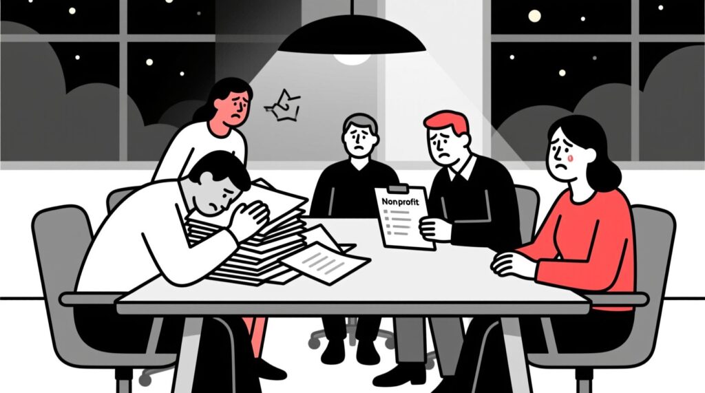 Canadian AI Guy illustration of a stressed non-profit team overwhelmed by unclear meeting outcomes and wasted productivity.