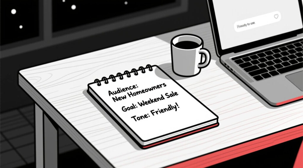 Writing down audience, goal, and tone as business context for an AI prompt.